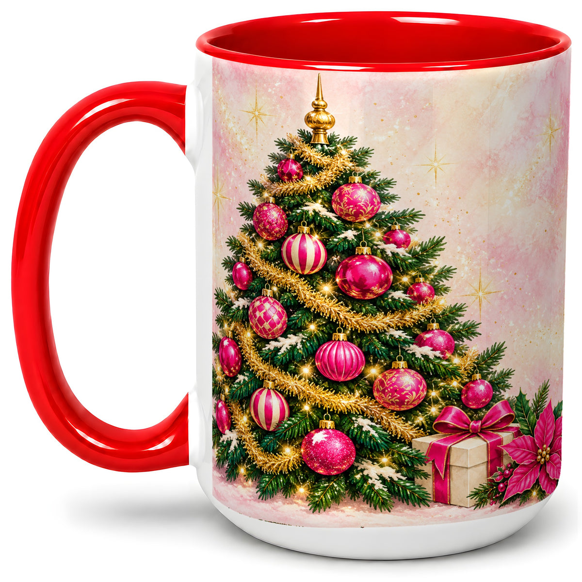 #pl[15oz|Red] Pink Christmas Ornaments Accent Mug, Ceramic Cup with Tree Art