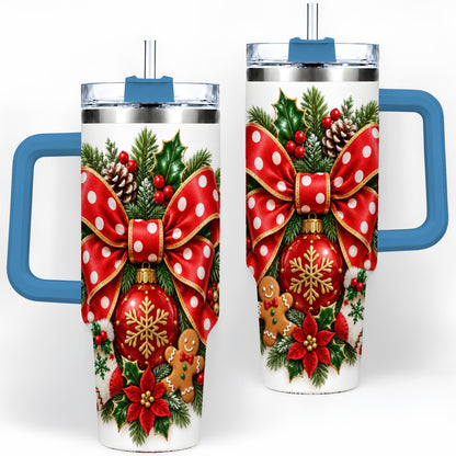 #pl[40oz|Blue] Christmas Wreath Bow Handled Tumbler, 40oz Holiday Drinkware