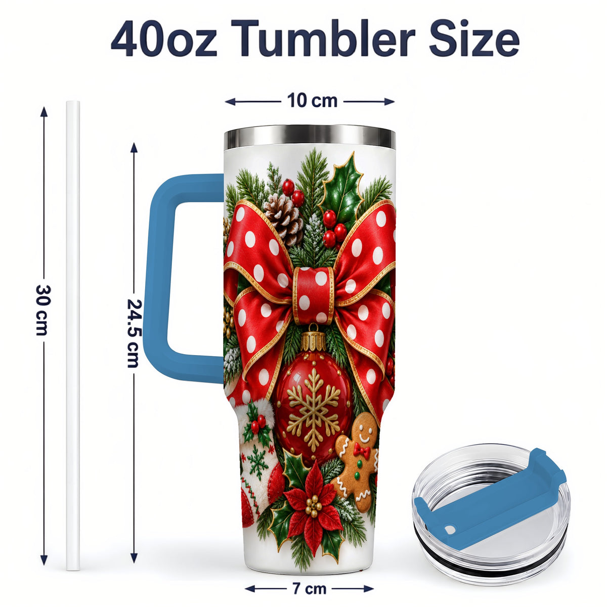 #pl[40oz|Blue] Christmas Wreath Bow Handled Tumbler, 40oz Holiday Drinkware