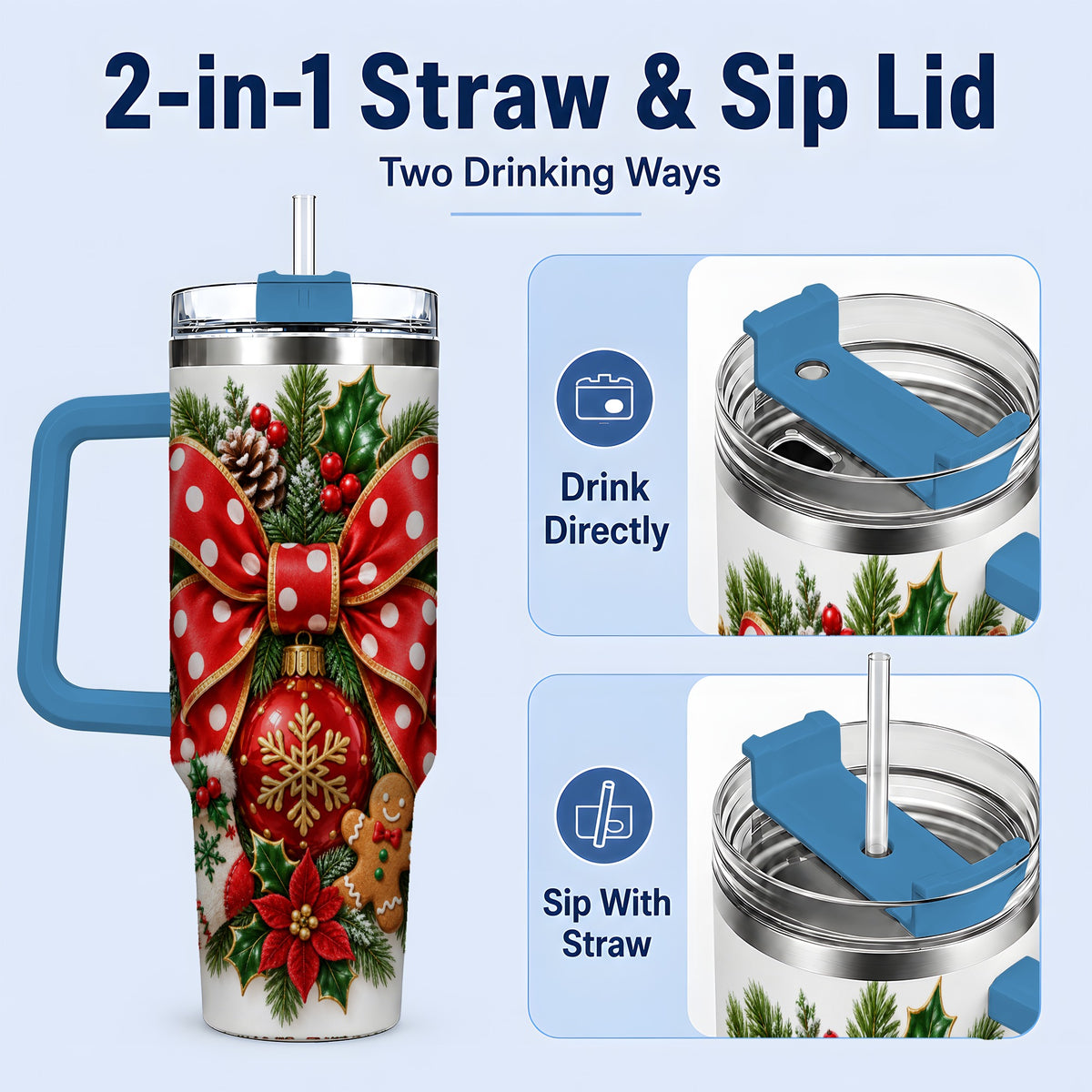#pl[40oz|Blue] Christmas Wreath Bow Handled Tumbler, 40oz Holiday Drinkware