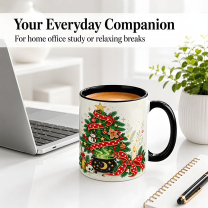 #pl[11oz|Black] Spooky Christmas Tree Accent Mug, Ceramic Cup with Witchy Artwork
