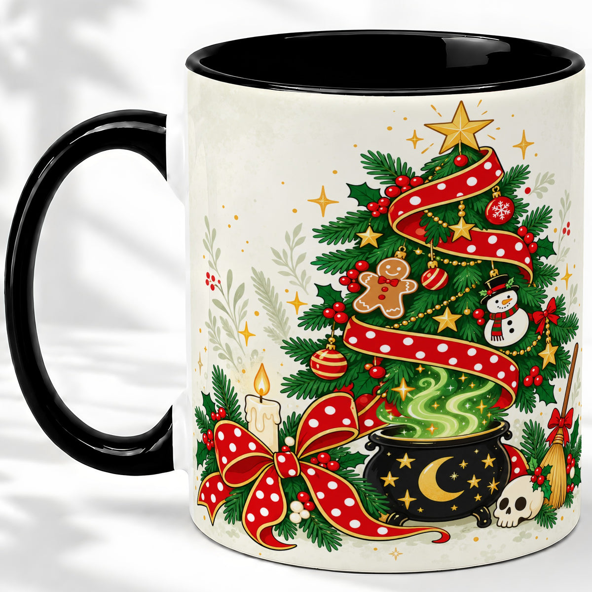 #pl[11oz|Black] Spooky Christmas Tree Accent Mug, Ceramic Cup with Witchy Artwork