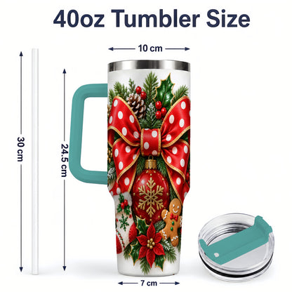 #pl[40oz|Green] Christmas Wreath Bow Handled Tumbler, 40oz Holiday Drinkware