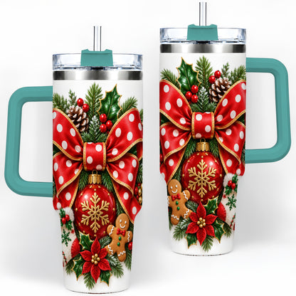 #pl[40oz|Green] Christmas Wreath Bow Handled Tumbler, 40oz Holiday Drinkware