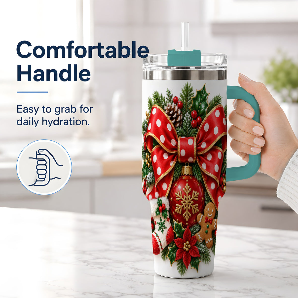 #pl[40oz|Green] Christmas Wreath Bow Handled Tumbler, 40oz Holiday Drinkware