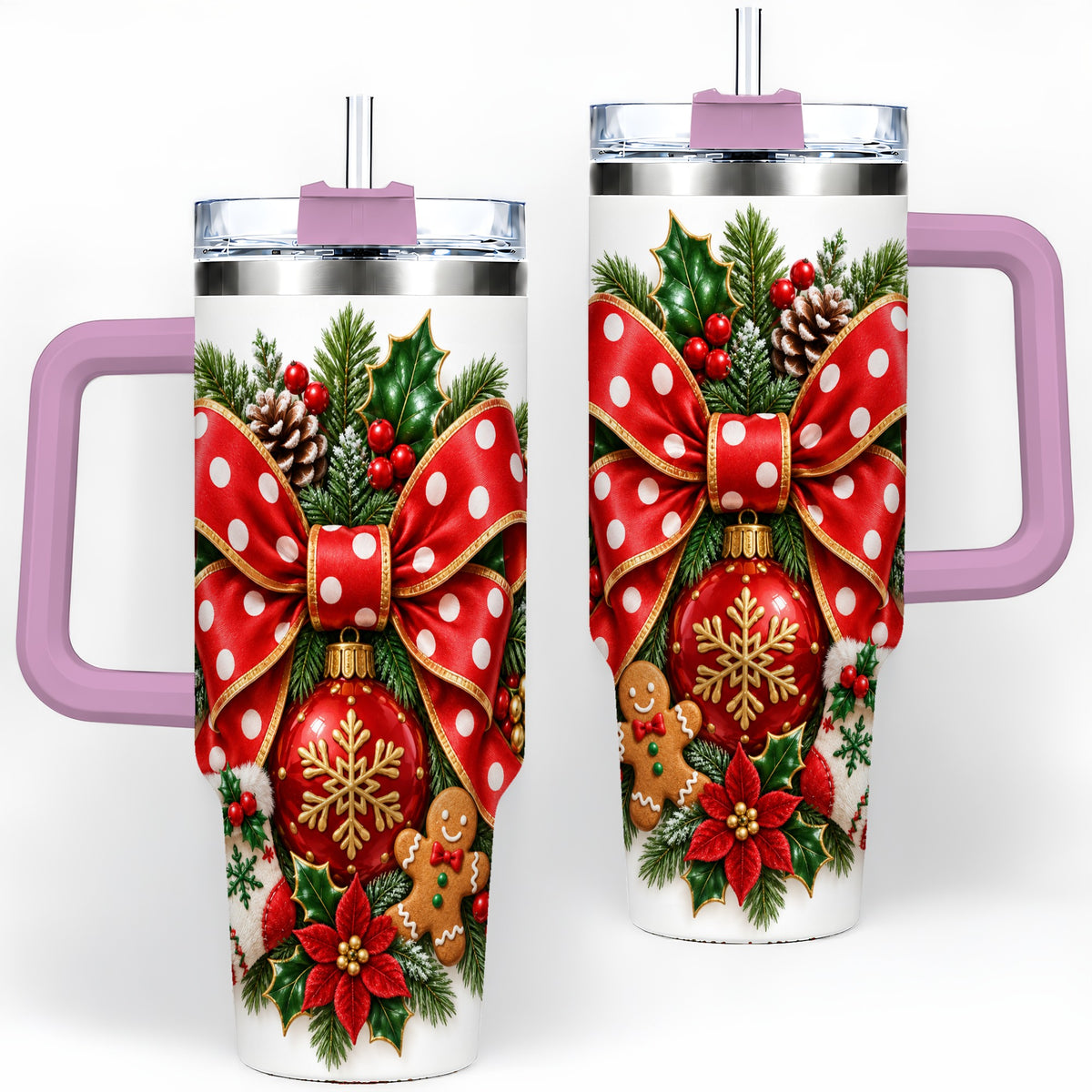 #pl[40oz|Pink] Christmas Wreath Bow Handled Tumbler, 40oz Holiday Drinkware