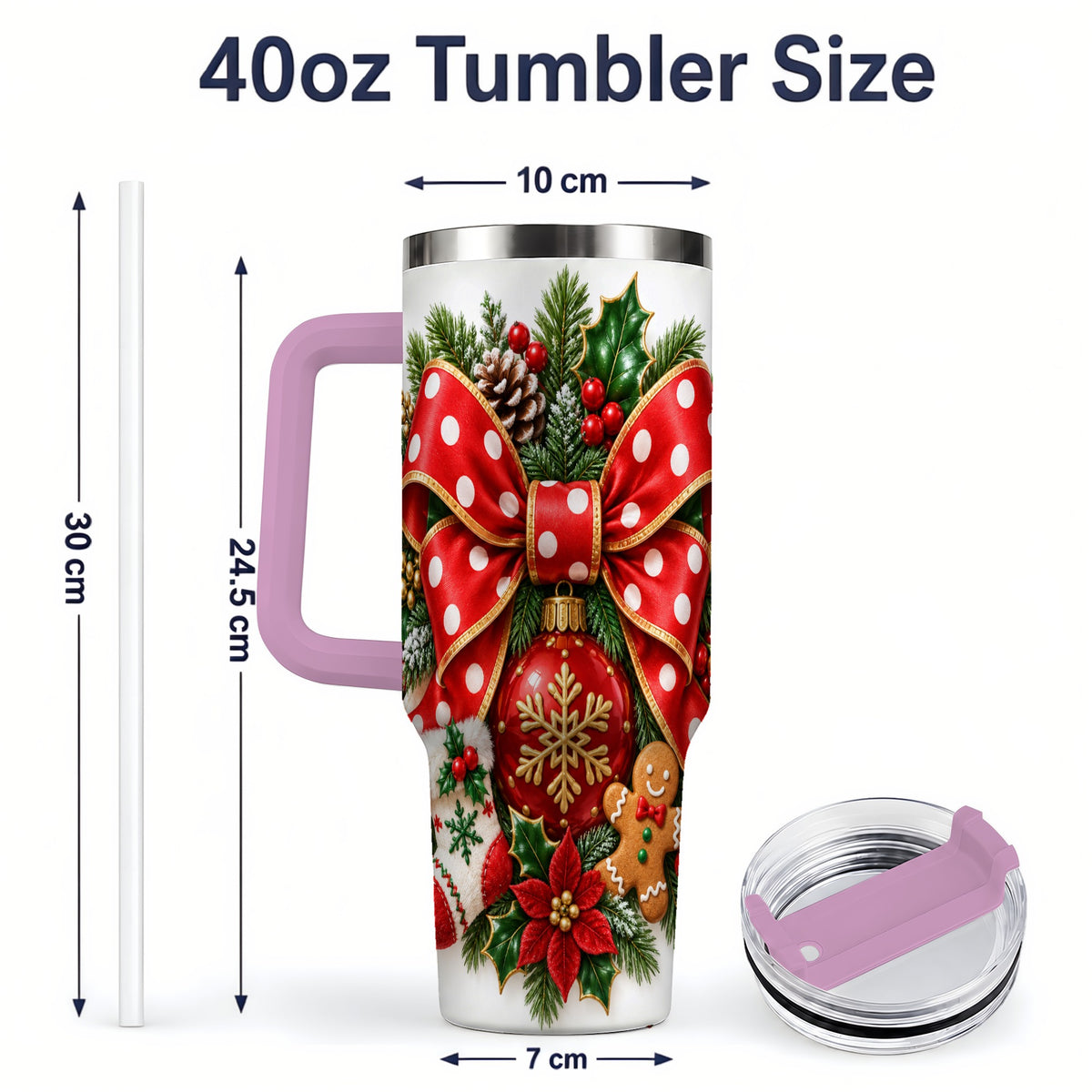 #pl[40oz|Pink] Christmas Wreath Bow Handled Tumbler, 40oz Holiday Drinkware