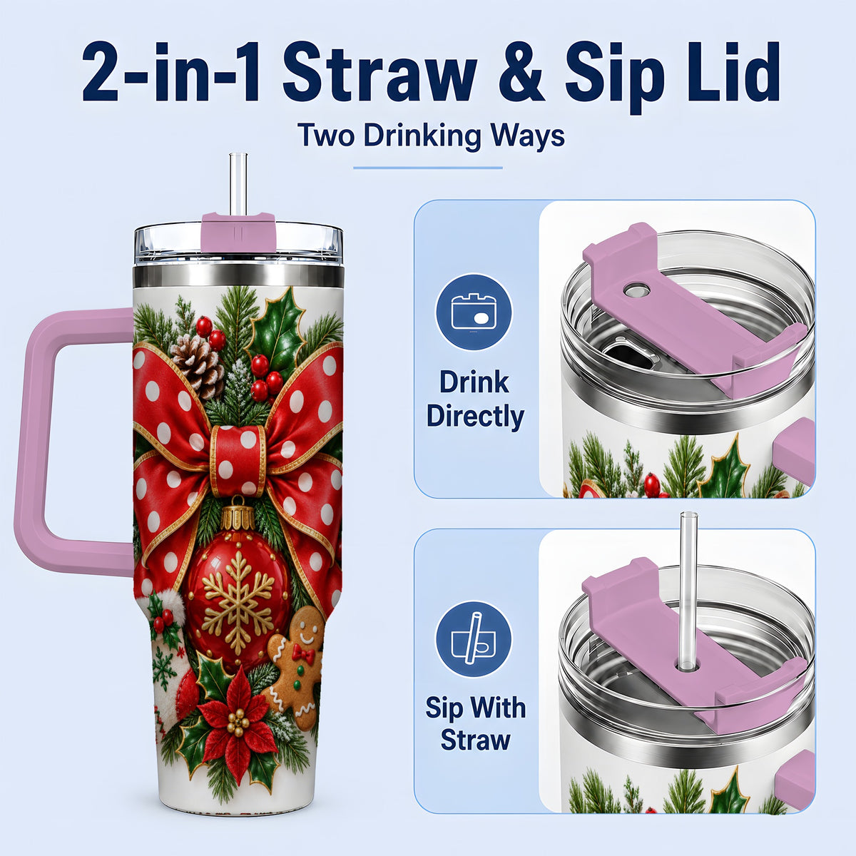#pl[40oz|Pink] Christmas Wreath Bow Handled Tumbler, 40oz Holiday Drinkware