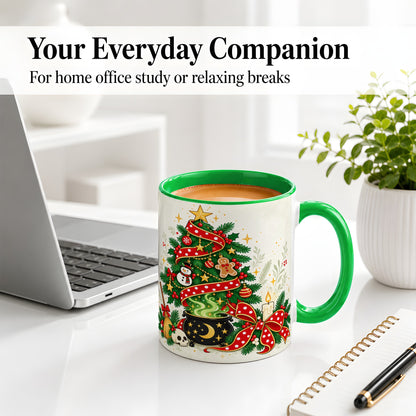 #pl[11oz|Green] Spooky Christmas Tree Accent Mug, Ceramic Cup with Witchy Artwork