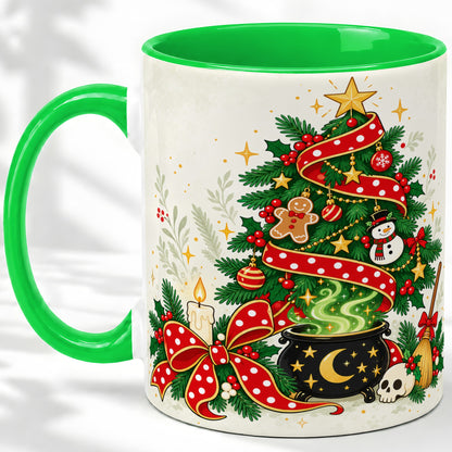 #pl[11oz|Green] Spooky Christmas Tree Accent Mug, Ceramic Cup with Witchy Artwork