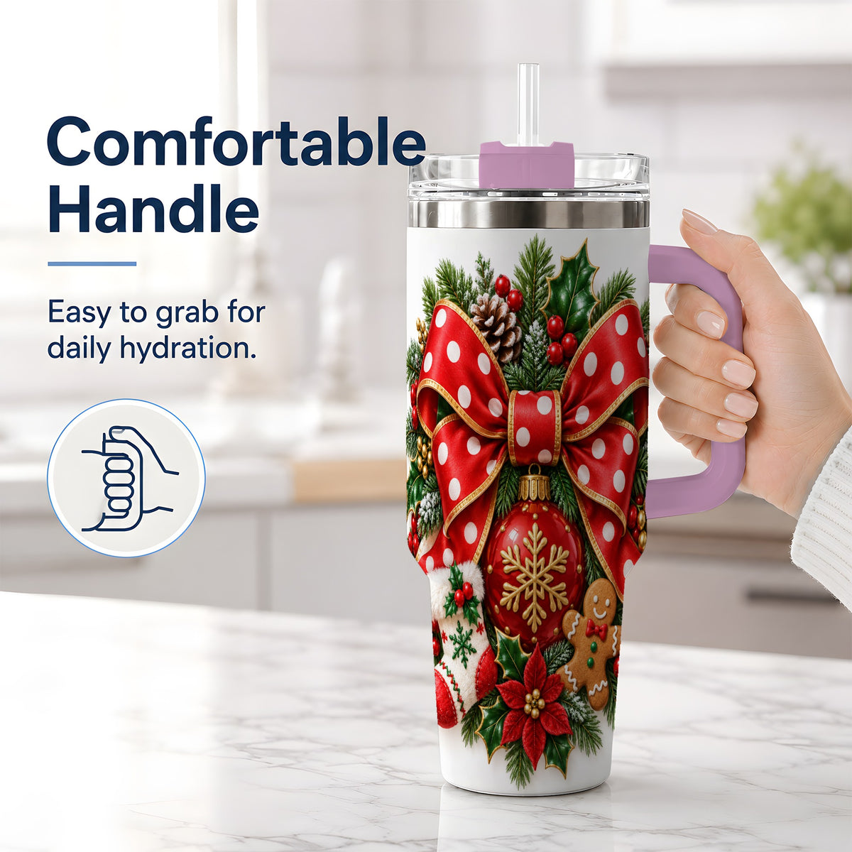 #pl[40oz|Pink] Christmas Wreath Bow Handled Tumbler, 40oz Holiday Drinkware