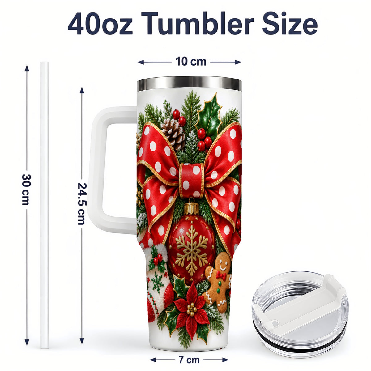 #pl[40oz|White] Christmas Wreath Bow Handled Tumbler, 40oz Holiday Drinkware