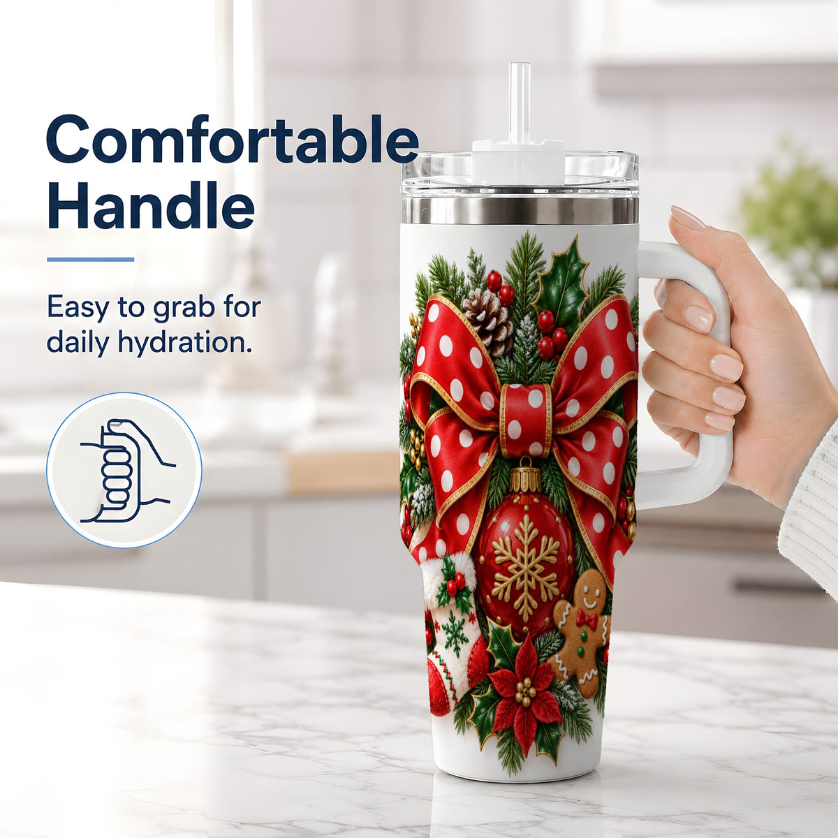 #pl[40oz|White] Christmas Wreath Bow Handled Tumbler, 40oz Holiday Drinkware