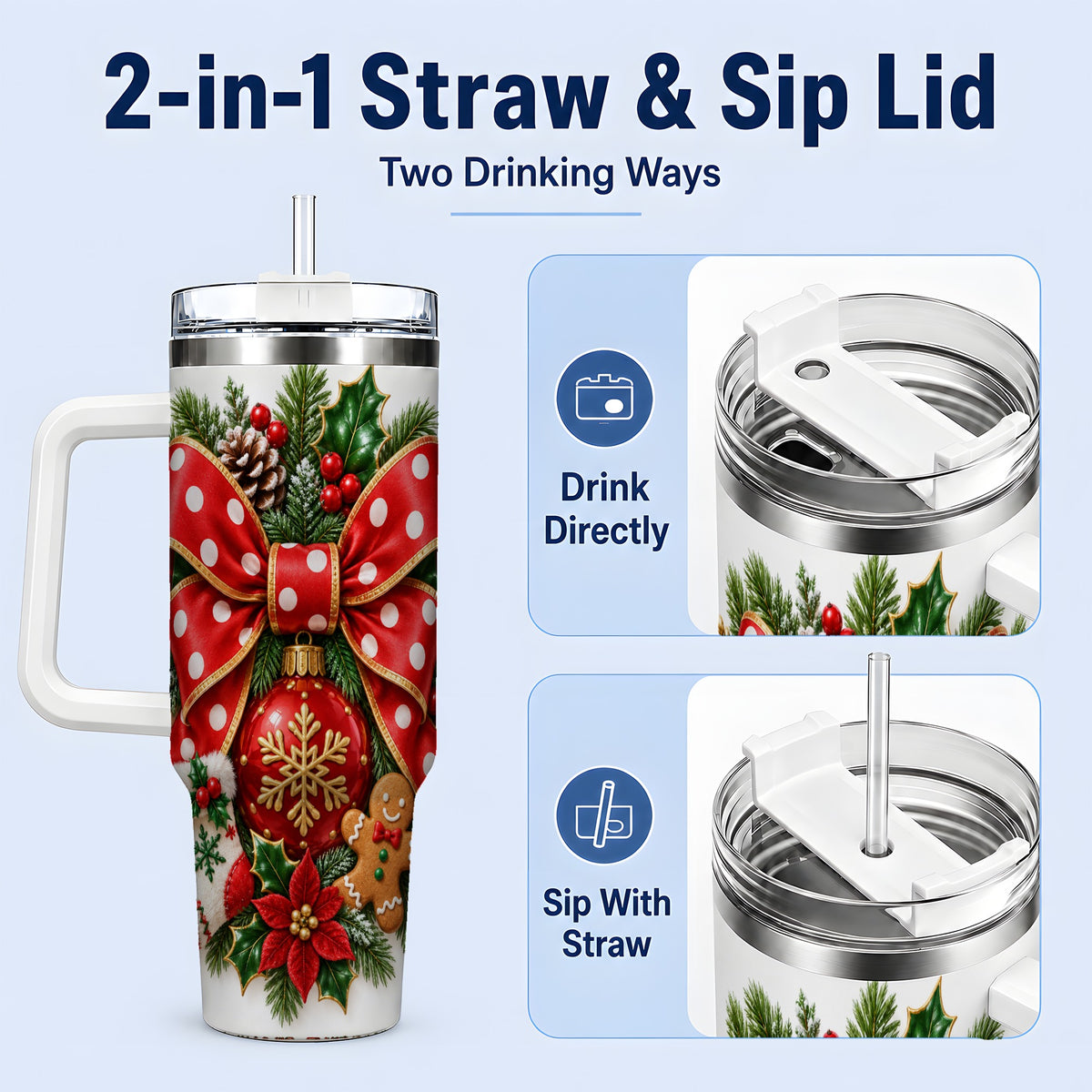 #pl[40oz|White] Christmas Wreath Bow Handled Tumbler, 40oz Holiday Drinkware