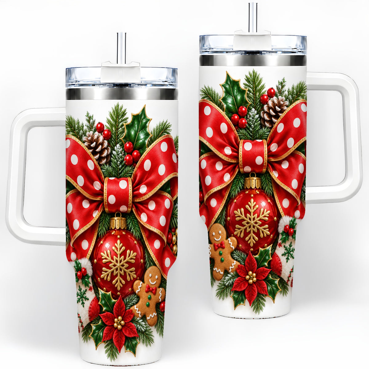 Christmas Wreath Bow Handled Tumbler, 40oz Holiday Drinkware