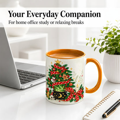 #pl[11oz|Orange] Spooky Christmas Tree Accent Mug, Ceramic Cup with Witchy Artwork