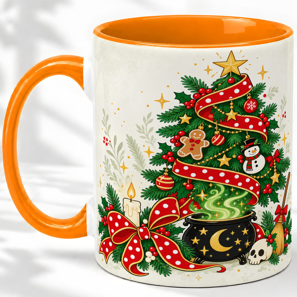 #pl[11oz|Orange] Spooky Christmas Tree Accent Mug, Ceramic Cup with Witchy Artwork