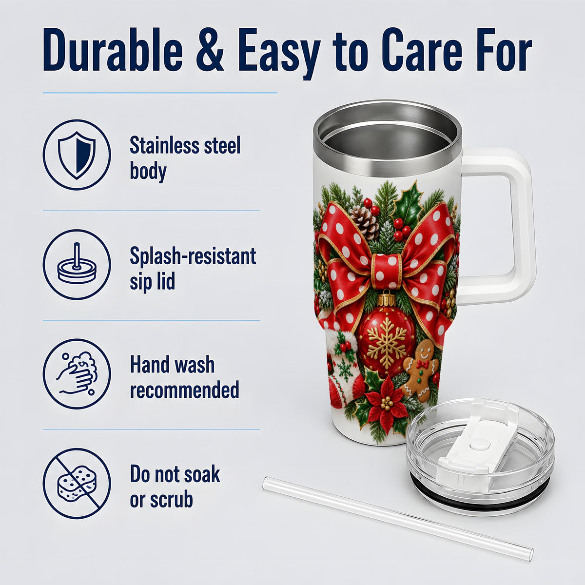 Christmas Wreath Bow Handled Tumbler, 40oz Holiday Drinkware