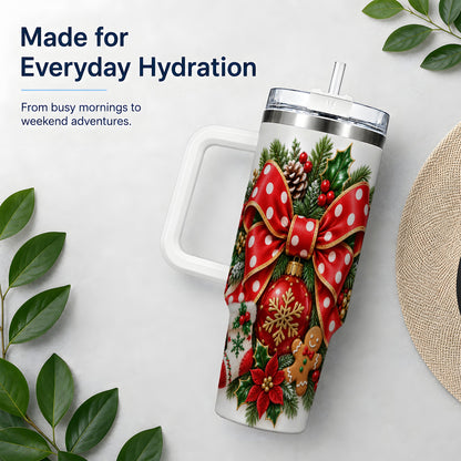 Christmas Wreath Bow Handled Tumbler, 40oz Holiday Drinkware