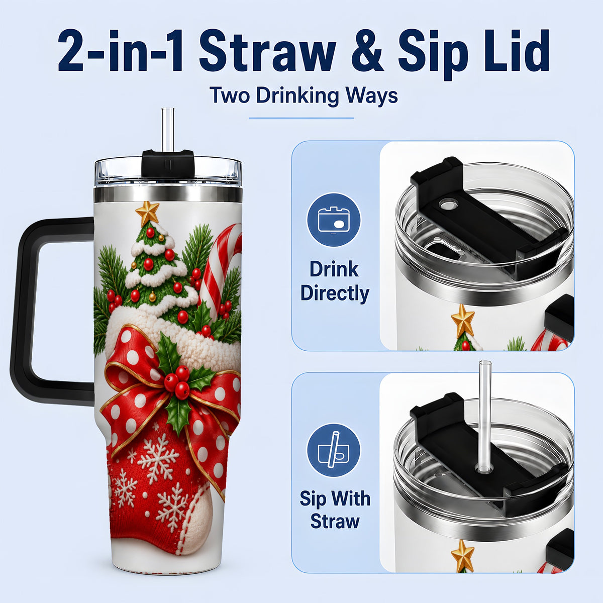 #pl[40oz|Black] Christmas Stocking Bow Handled Tumbler, 40oz Festive Drinkware