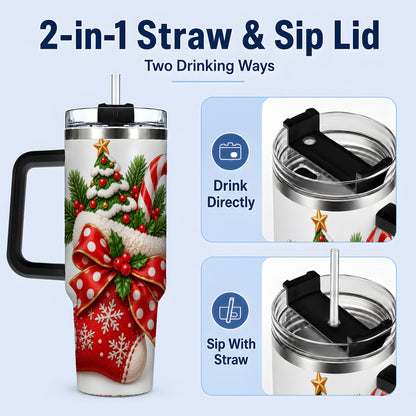 #pl[40oz|Black] Christmas Stocking Bow Handled Tumbler, 40oz Festive Drinkware
