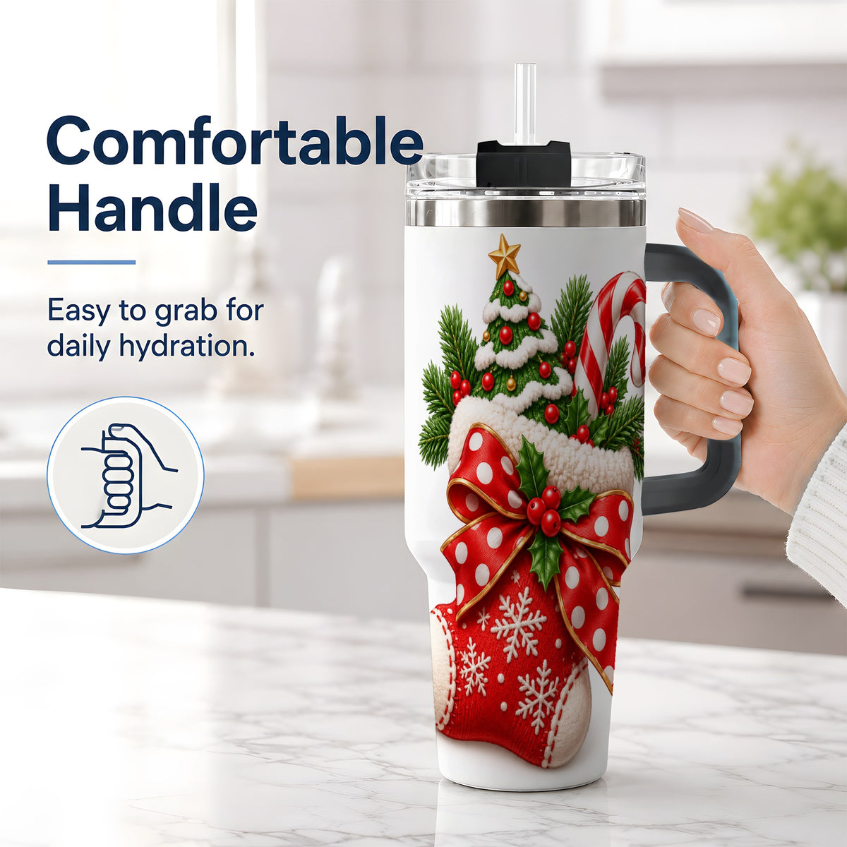 #pl[40oz|Black] Christmas Stocking Bow Handled Tumbler, 40oz Festive Drinkware