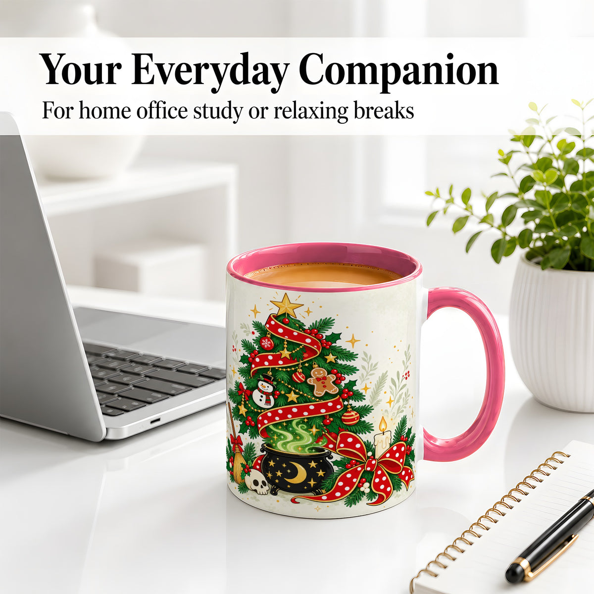#pl[11oz|Pink] Spooky Christmas Tree Accent Mug, Ceramic Cup with Witchy Artwork