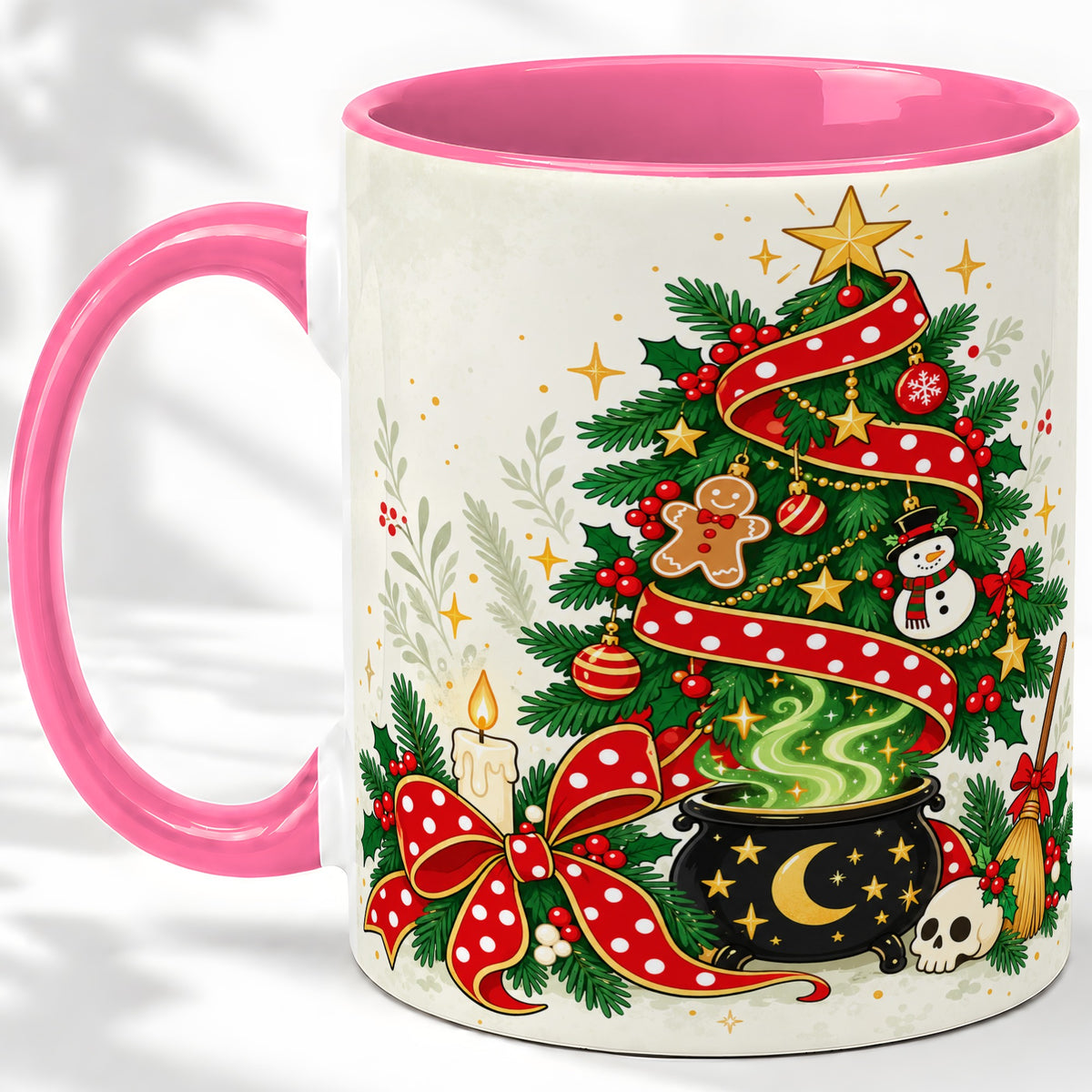 #pl[11oz|Pink] Spooky Christmas Tree Accent Mug, Ceramic Cup with Witchy Artwork