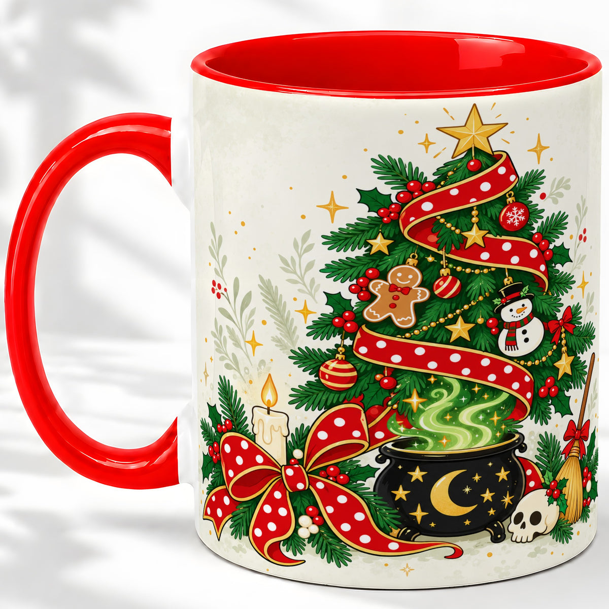 Spooky Christmas Tree Accent Mug, Ceramic Cup with Witchy Artwork