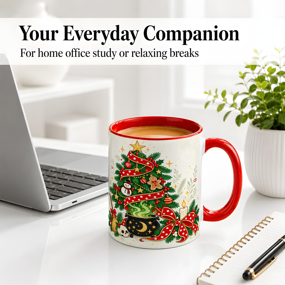 #pl[11oz|Red] Spooky Christmas Tree Accent Mug, Ceramic Cup with Witchy Artwork