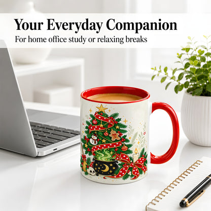 #pl[11oz|Red] Spooky Christmas Tree Accent Mug, Ceramic Cup with Witchy Artwork