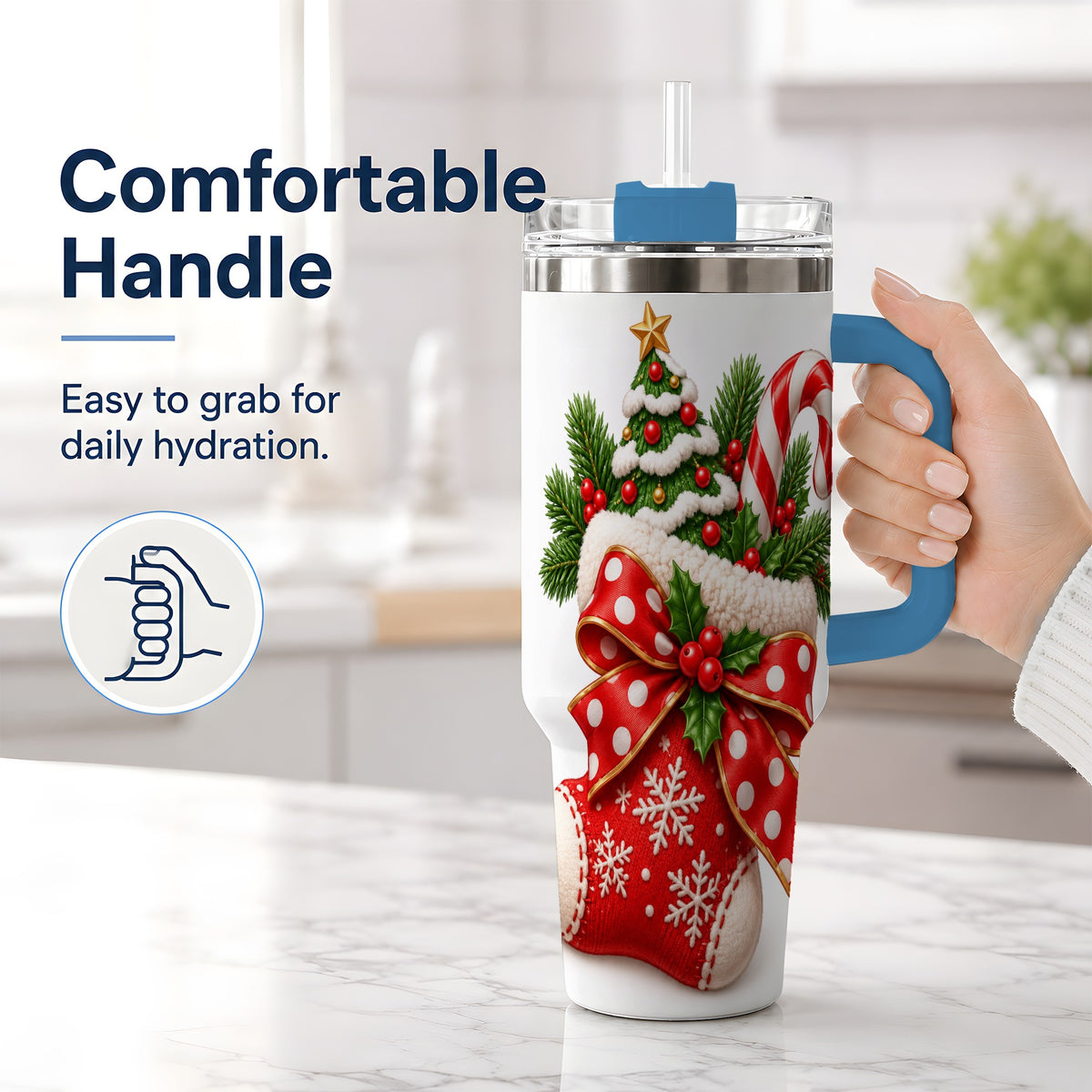 #pl[40oz|Blue] Christmas Stocking Bow Handled Tumbler, 40oz Festive Drinkware