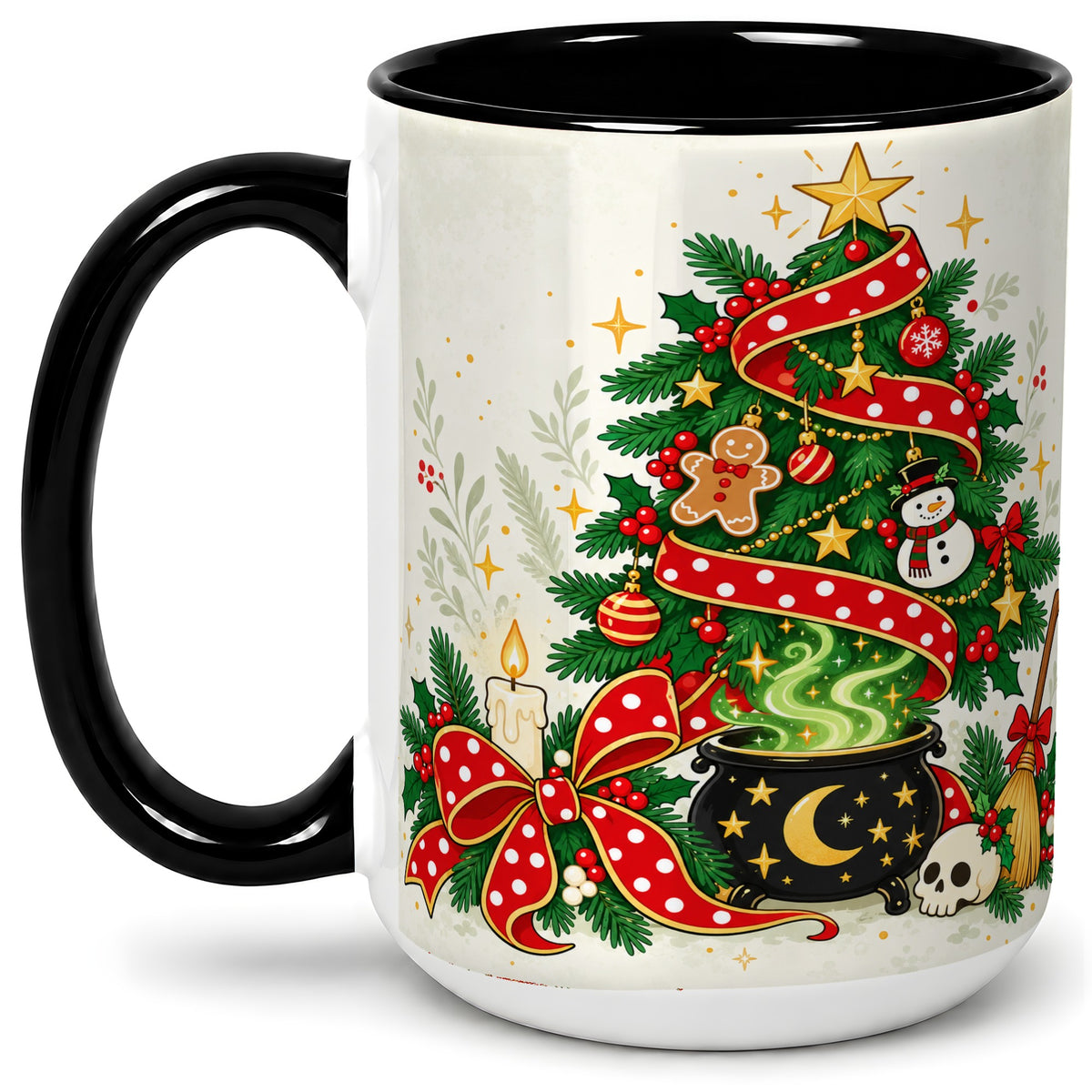 #pl[15oz|Black] Spooky Christmas Tree Accent Mug, Ceramic Cup with Witchy Artwork