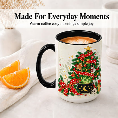 #pl[15oz|Black] Spooky Christmas Tree Accent Mug, Ceramic Cup with Witchy Artwork
