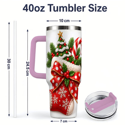#pl[40oz|Pink] Christmas Stocking Bow Handled Tumbler, 40oz Festive Drinkware
