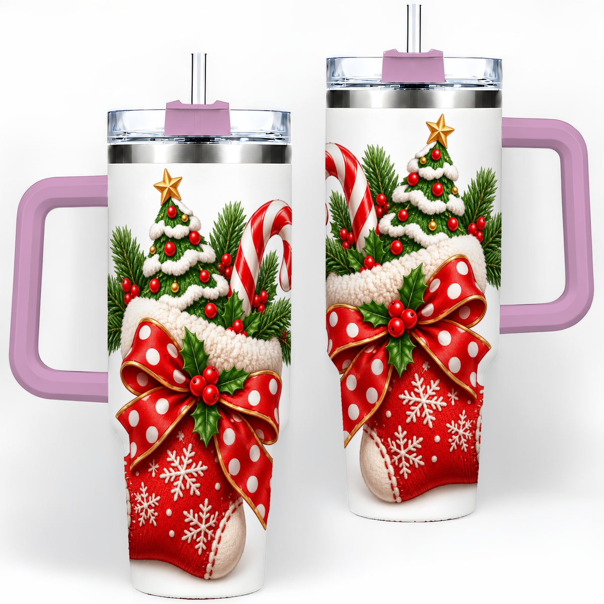 #pl[40oz|Pink] Christmas Stocking Bow Handled Tumbler, 40oz Festive Drinkware