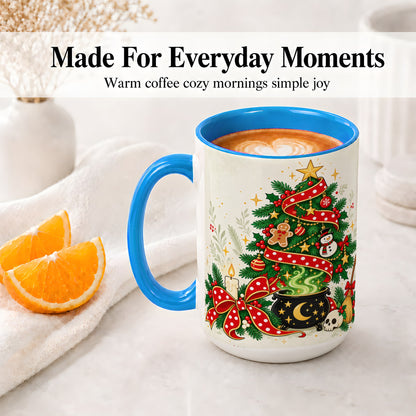 #pl[15oz|Blue] Spooky Christmas Tree Accent Mug, Ceramic Cup with Witchy Artwork