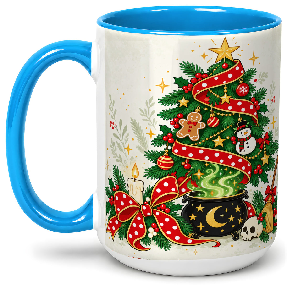 #pl[15oz|Blue] Spooky Christmas Tree Accent Mug, Ceramic Cup with Witchy Artwork