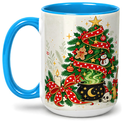 #pl[15oz|Blue] Spooky Christmas Tree Accent Mug, Ceramic Cup with Witchy Artwork