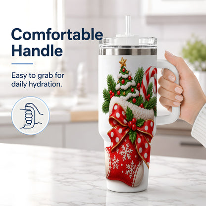 #pl[40oz|White] Christmas Stocking Bow Handled Tumbler, 40oz Festive Drinkware