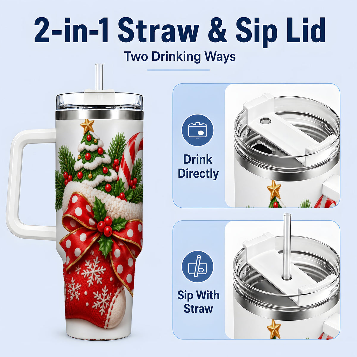 #pl[40oz|White] Christmas Stocking Bow Handled Tumbler, 40oz Festive Drinkware