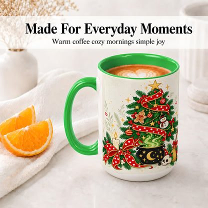 #pl[15oz|Green] Spooky Christmas Tree Accent Mug, Ceramic Cup with Witchy Artwork