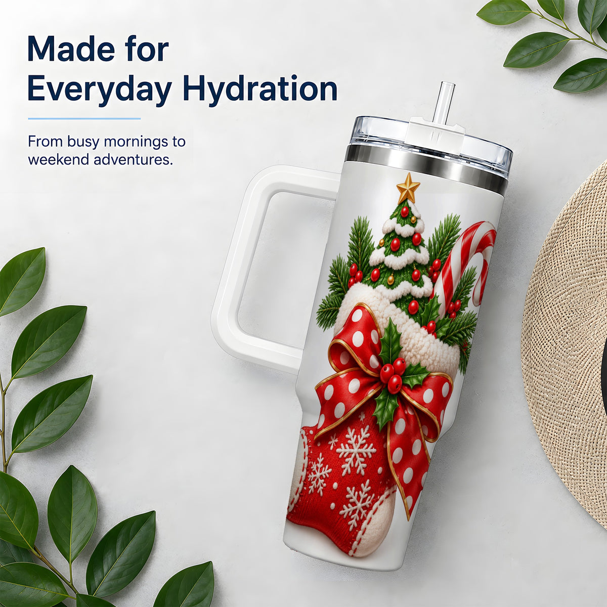 Christmas Stocking Bow Handled Tumbler, 40oz Festive Drinkware