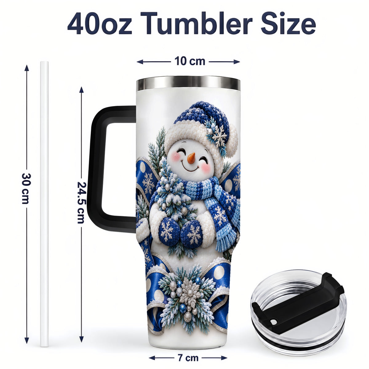 #pl[40oz|Black] Blue Christmas Snowman Handled Tumbler, 40oz Winter Drinkware
