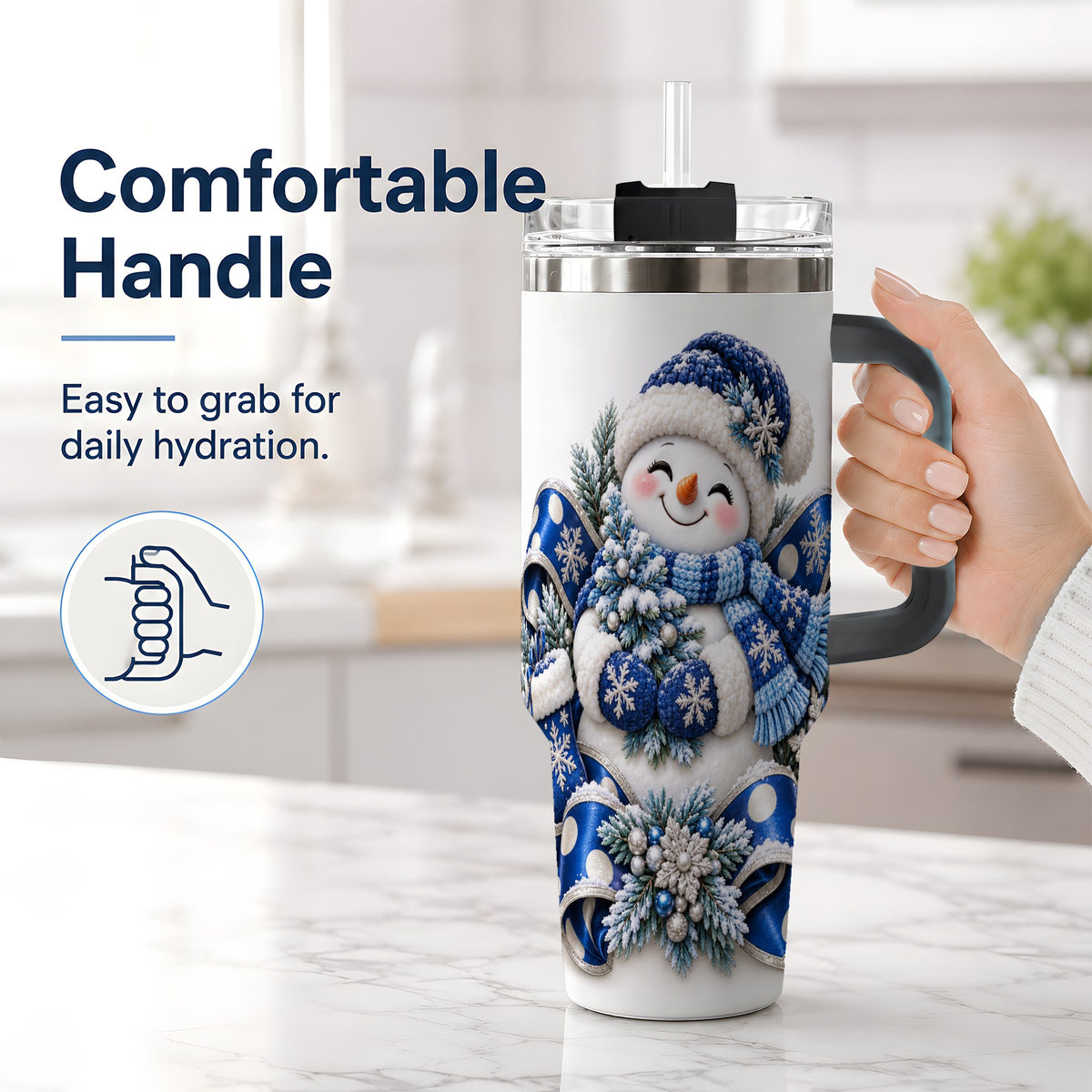 #pl[40oz|Black] Blue Christmas Snowman Handled Tumbler, 40oz Winter Drinkware