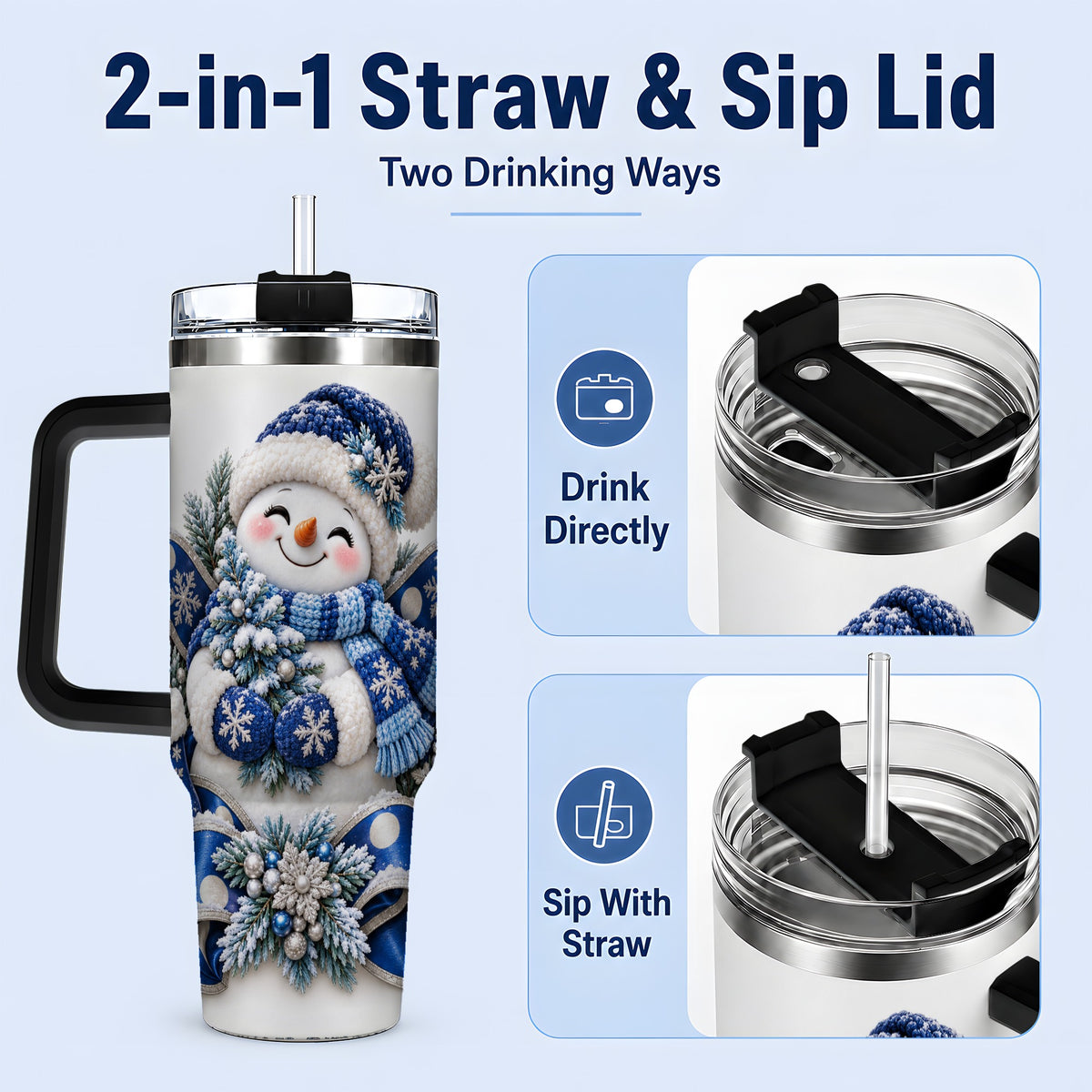 #pl[40oz|Black] Blue Christmas Snowman Handled Tumbler, 40oz Winter Drinkware
