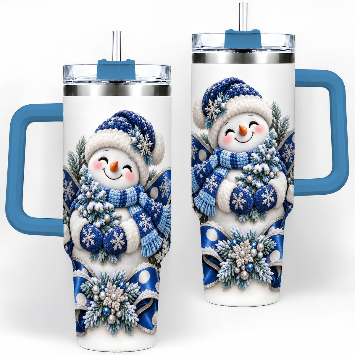 #pl[40oz|Blue] Blue Christmas Snowman Handled Tumbler, 40oz Winter Drinkware