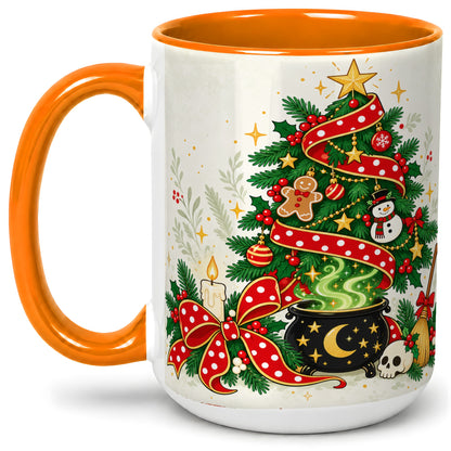 #pl[15oz|Orange] Spooky Christmas Tree Accent Mug, Ceramic Cup with Witchy Artwork