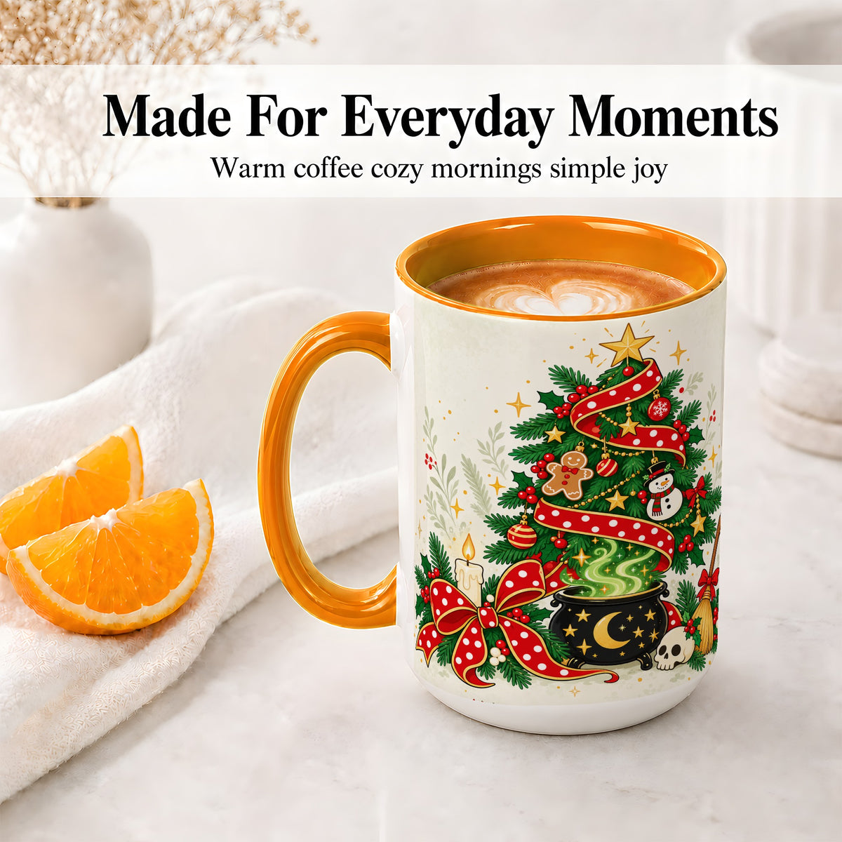 #pl[15oz|Orange] Spooky Christmas Tree Accent Mug, Ceramic Cup with Witchy Artwork