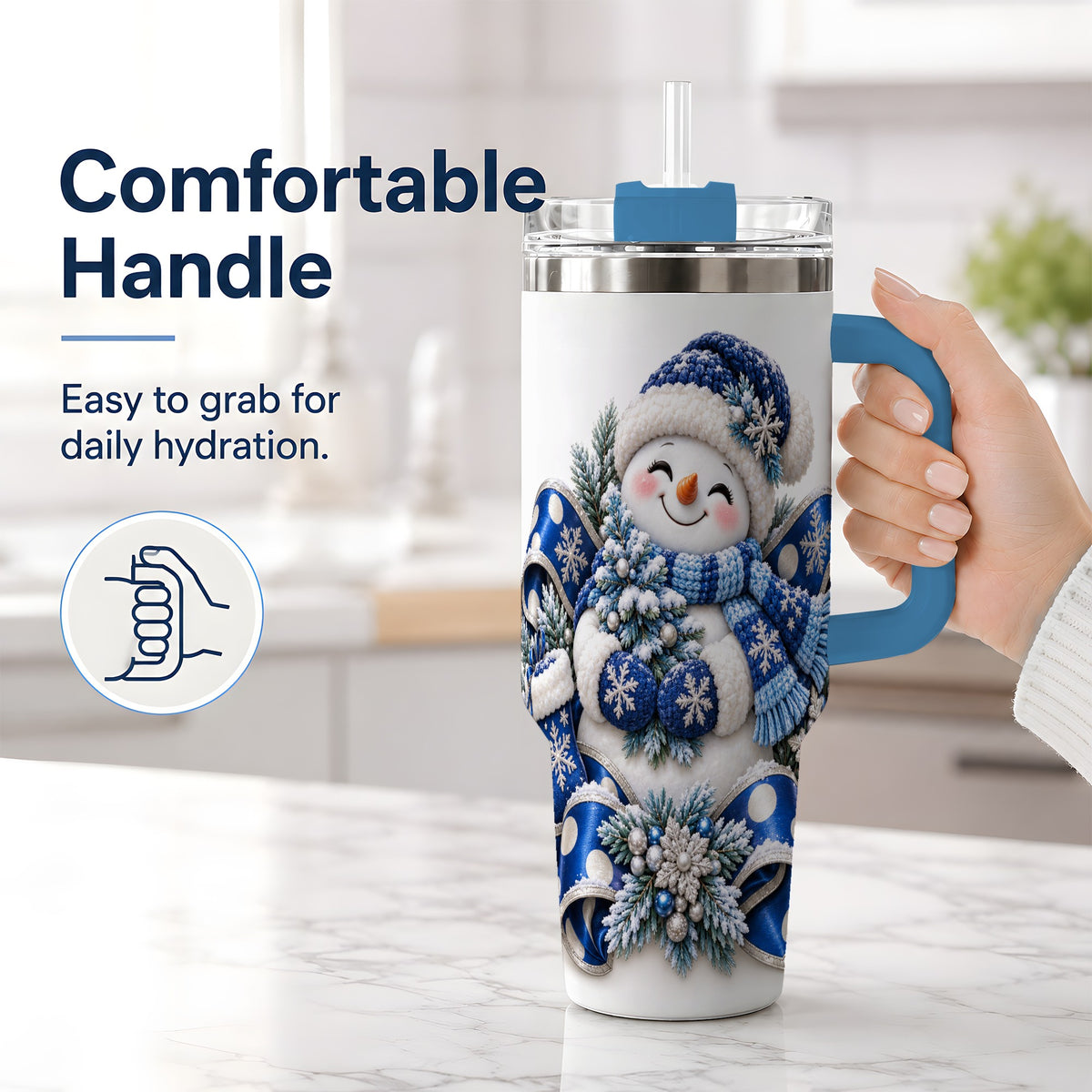 #pl[40oz|Blue] Blue Christmas Snowman Handled Tumbler, 40oz Winter Drinkware